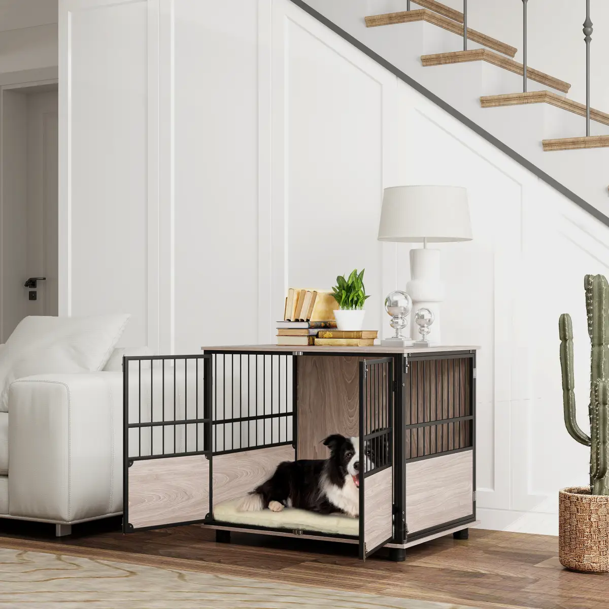 PawHut PawHut 80cm Dog Crate Furniture Dog Cage End Table Indoor w/ Doors, Cushion - Dog Crate