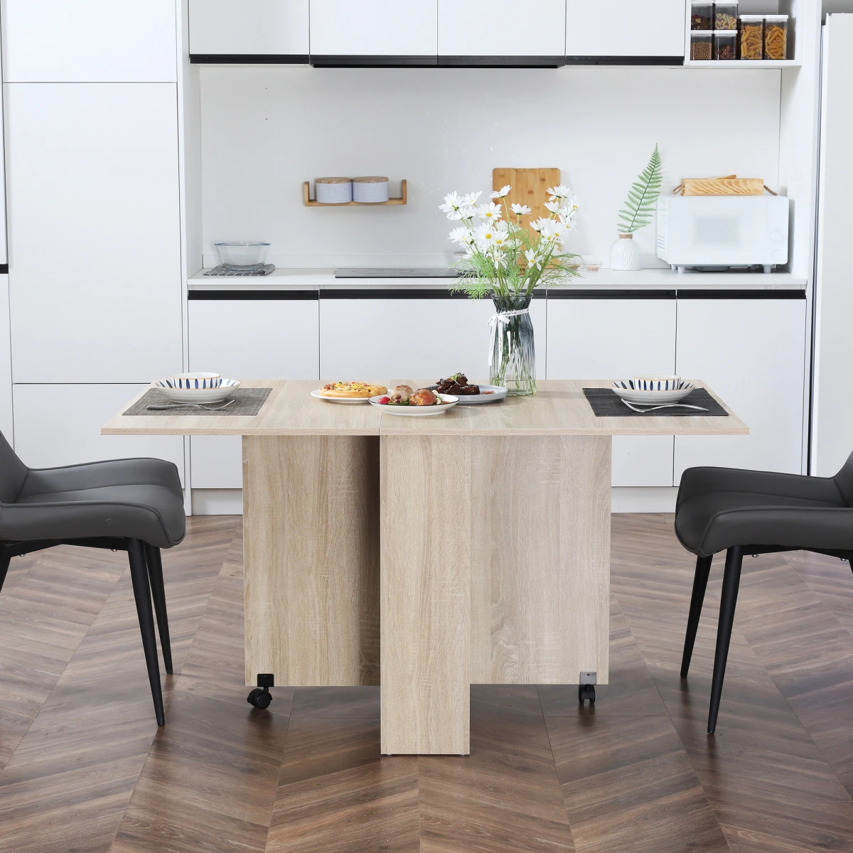 HOMCOM HOMCOM Drop Leaf Dining Table Compact With Wheels Oak Finish - Uncategorized