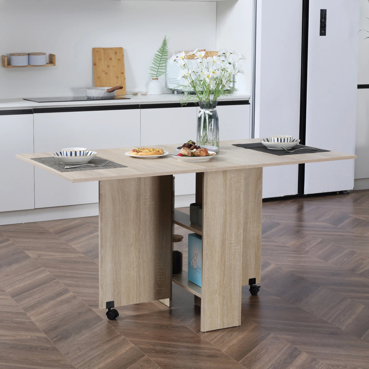 HOMCOM HOMCOM Drop Leaf Dining Table Compact With Wheels Oak Finish - Uncategorized
