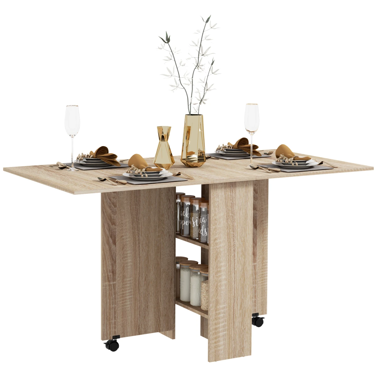 HOMCOM HOMCOM Drop Leaf Dining Table Compact With Wheels Oak Finish - Uncategorized