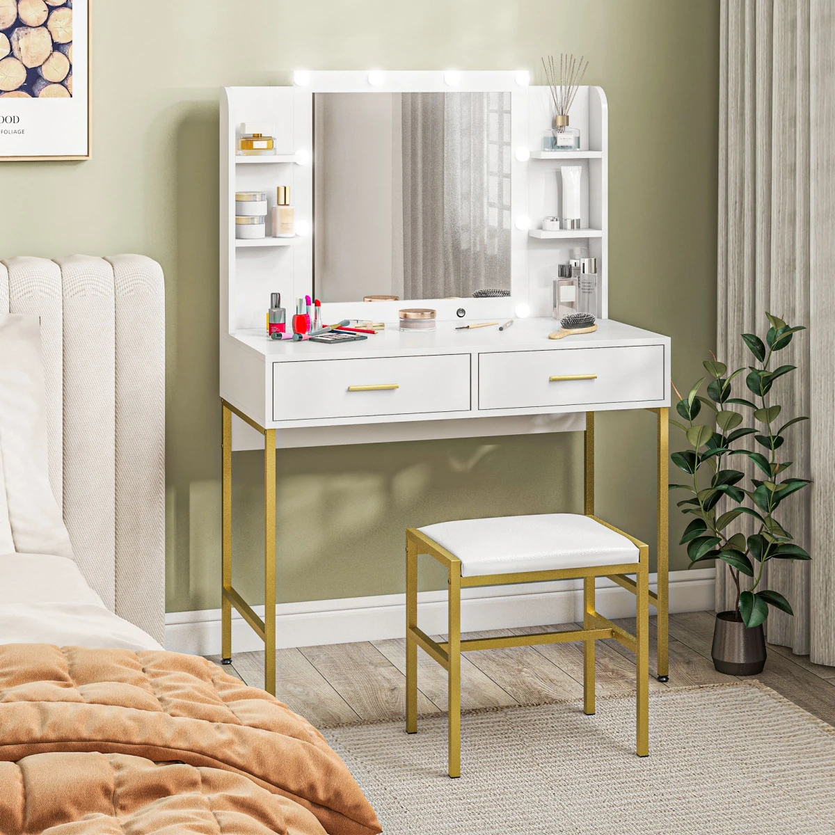 HOMCOM HOMCOM Makeup Vanity Desk Set With Lighted Mirror And Storage Drawers And Cushioned Stool For Home Use - Chest of Drawers