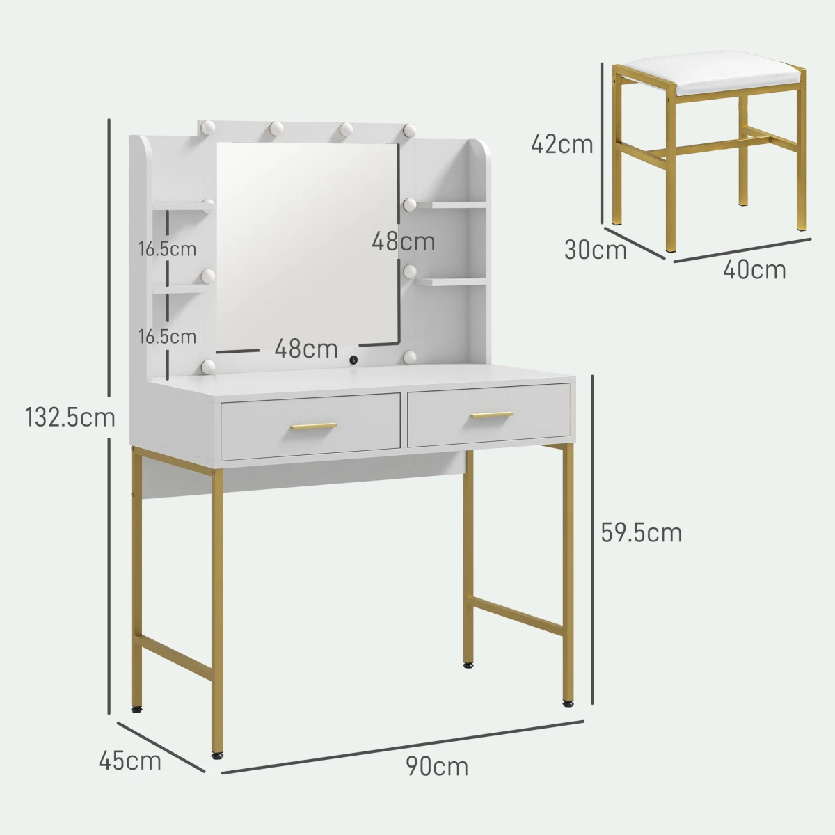 HOMCOM HOMCOM Makeup Vanity Desk Set With Lighted Mirror And Storage Drawers And Cushioned Stool For Home Use - Chest of Drawers