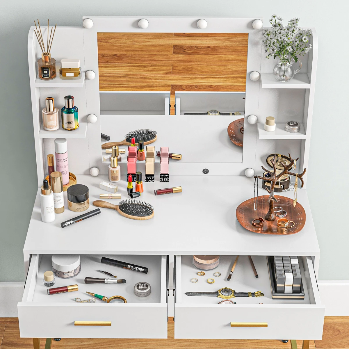 HOMCOM HOMCOM Makeup Vanity Desk Set With Lighted Mirror And Storage Drawers And Cushioned Stool For Home Use - Chest of Drawers