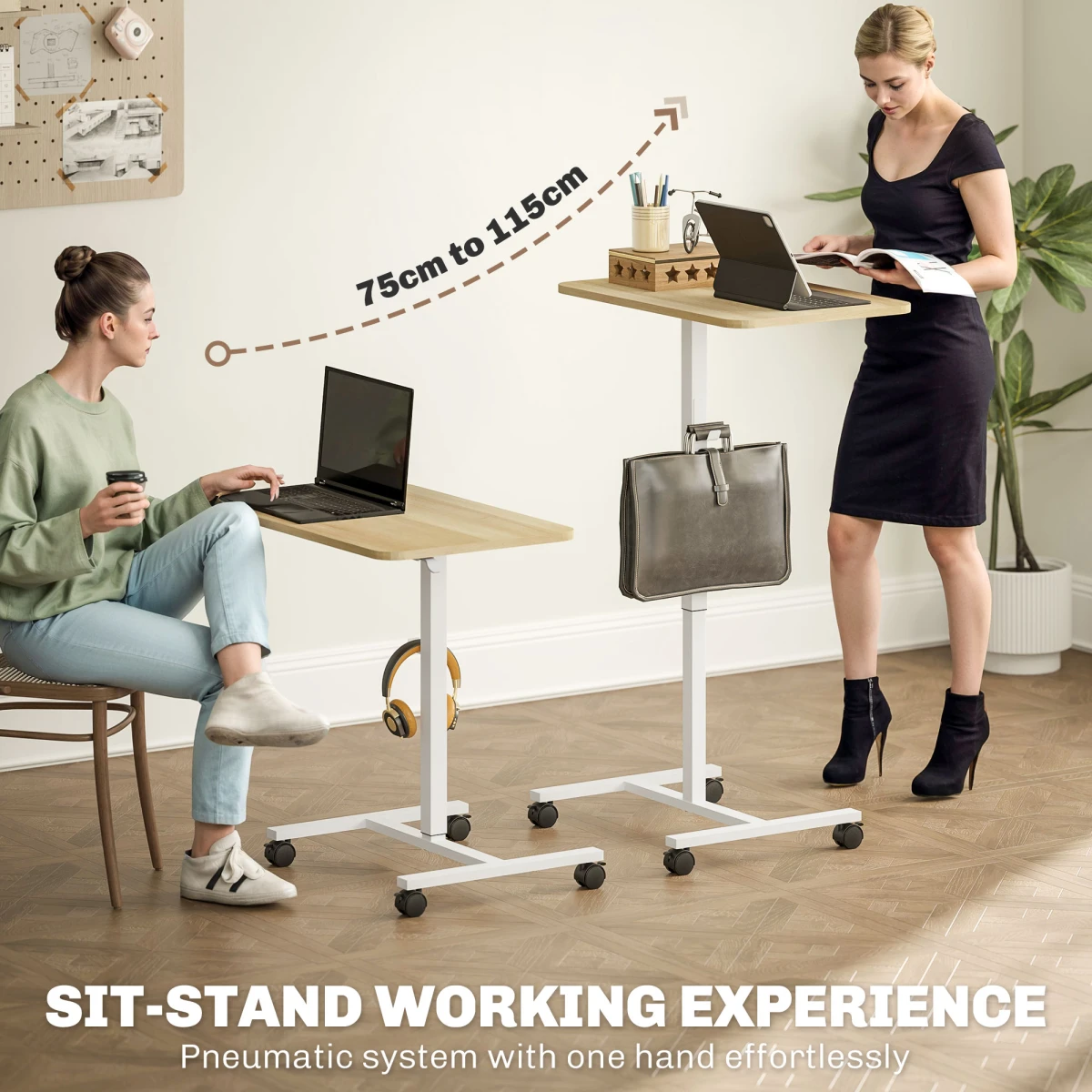HOMCOM Standing Desk Overbed Table 71x48cm Height Adjustable Gas Lift With Wheels For Home Office by HOMCOM