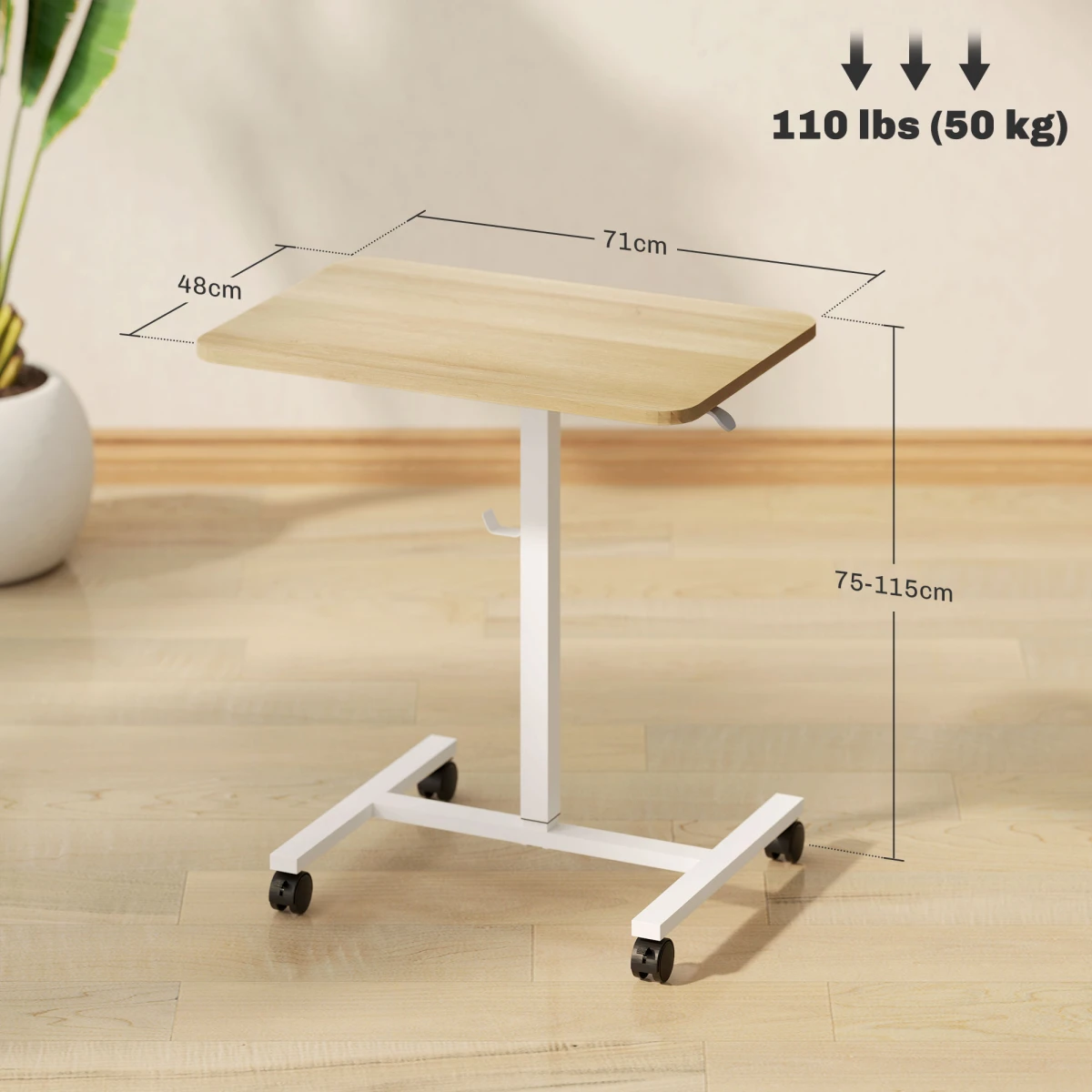 HOMCOM Standing Desk Overbed Table 71x48cm Height Adjustable Gas Lift With Wheels For Home Office by HOMCOM