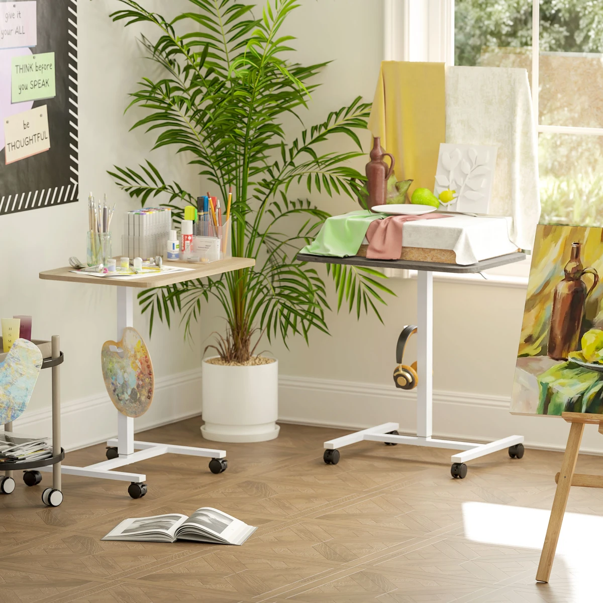 HOMCOM Standing Desk Overbed Table 71x48cm Height Adjustable Gas Lift With Wheels For Home Office by HOMCOM
