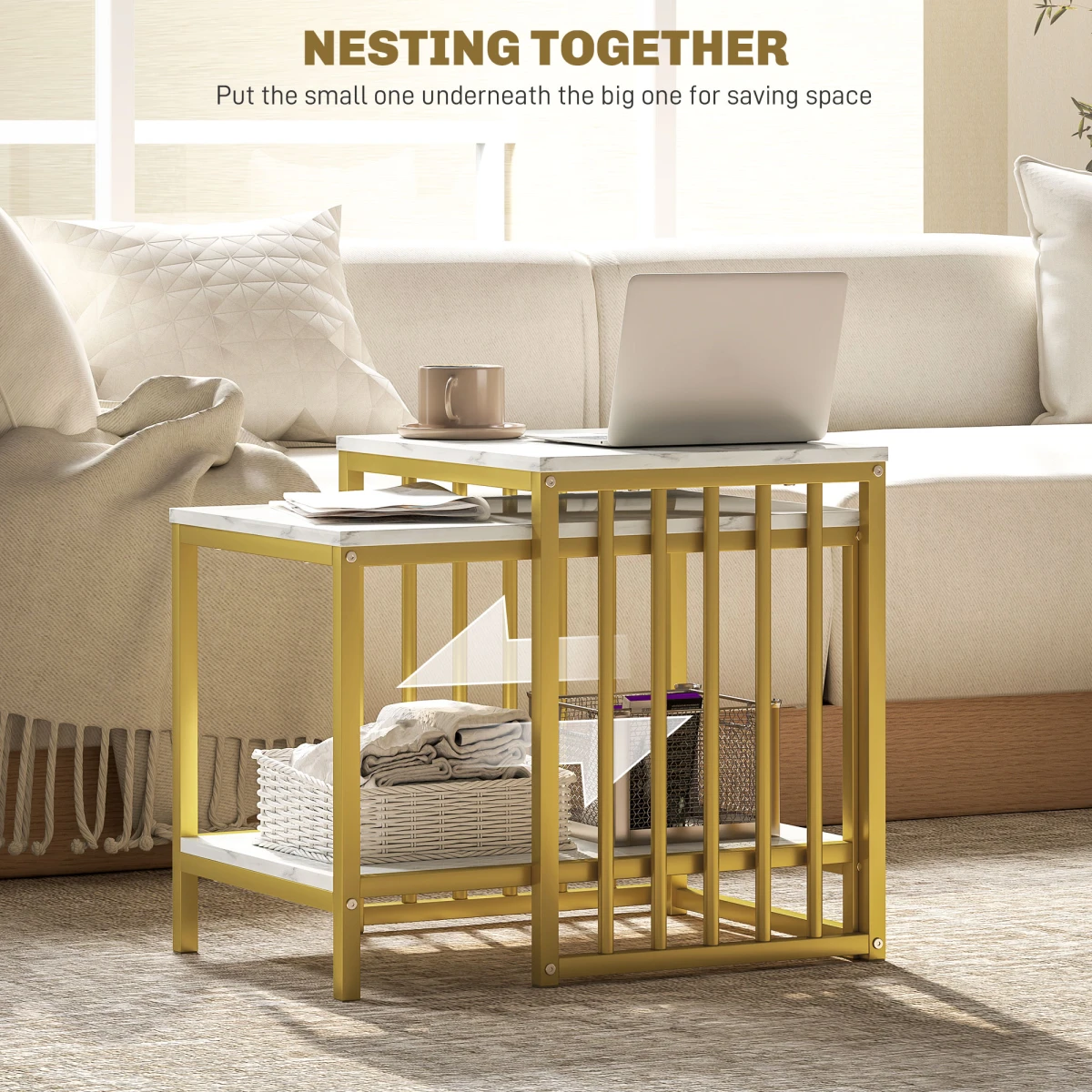 HOMCOM HOMCOM Two Tier Nesting Coffee Tables Marble Effect Tops Gold Steel Frame Living Room Set - Coffee Table