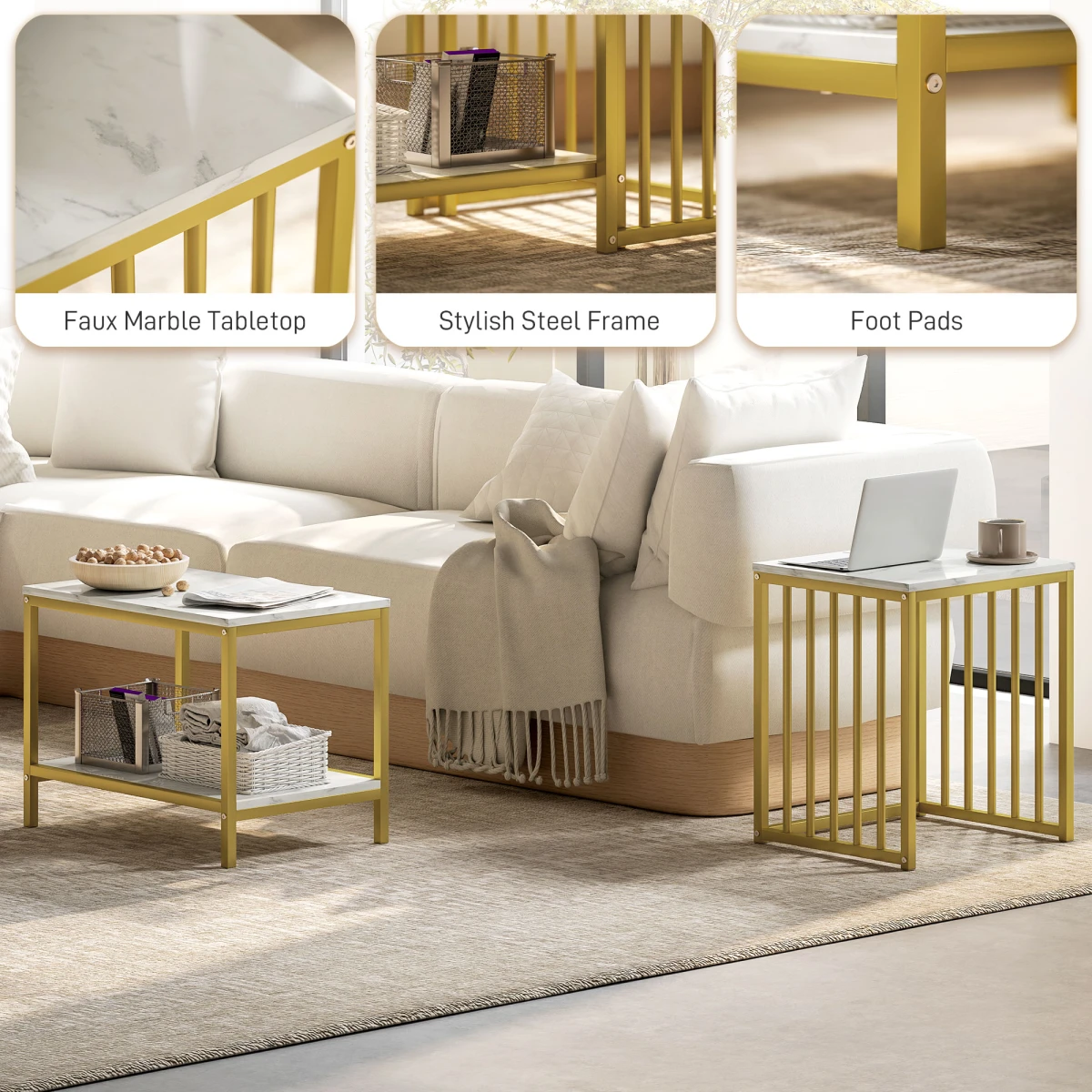 HOMCOM Two Tier Nesting Coffee Tables Marble Effect Tops Gold Steel Frame Living Room Set by HOMCOM