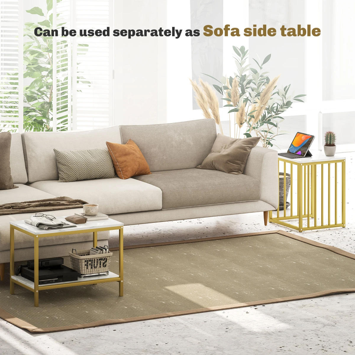 HOMCOM Two Tier Nesting Coffee Tables Marble Effect Tops Gold Steel Frame Living Room Set by HOMCOM