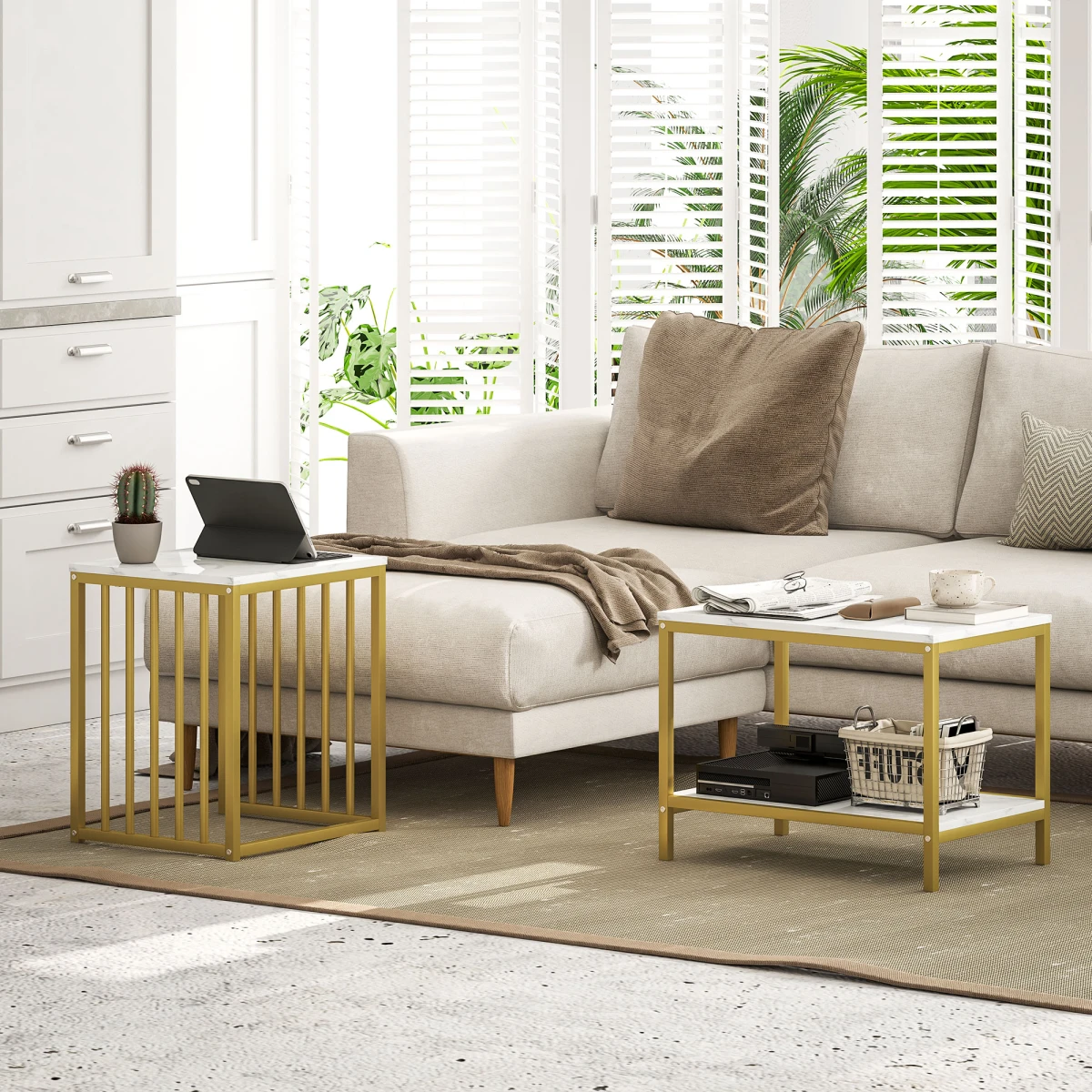 HOMCOM Two Tier Nesting Coffee Tables Marble Effect Tops Gold Steel Frame Living Room Set by HOMCOM