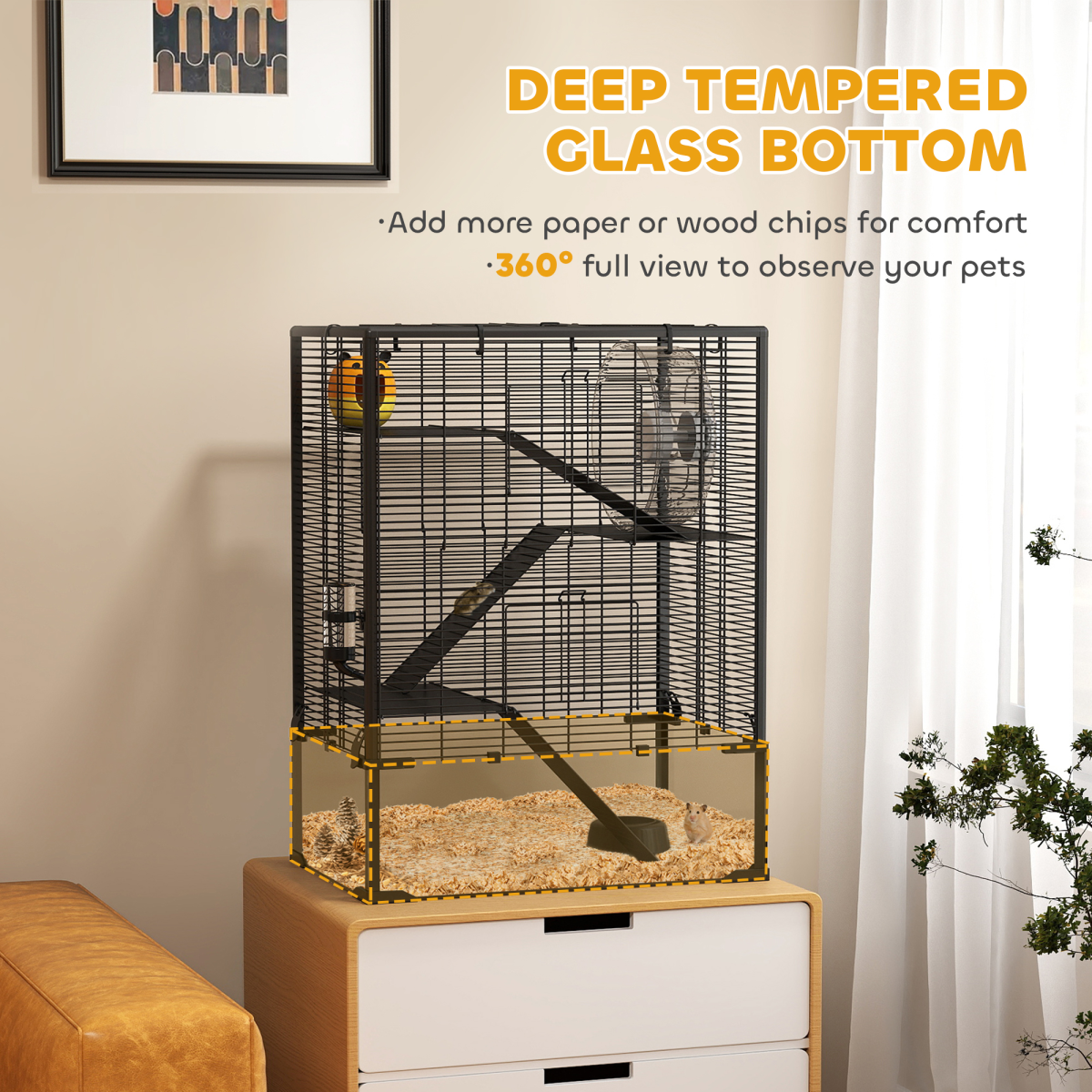 PawHut 4 Tiers Hamster Cage with Deep Tempered Glass Bottom, 60 x 40 x 80cm - from PawHut