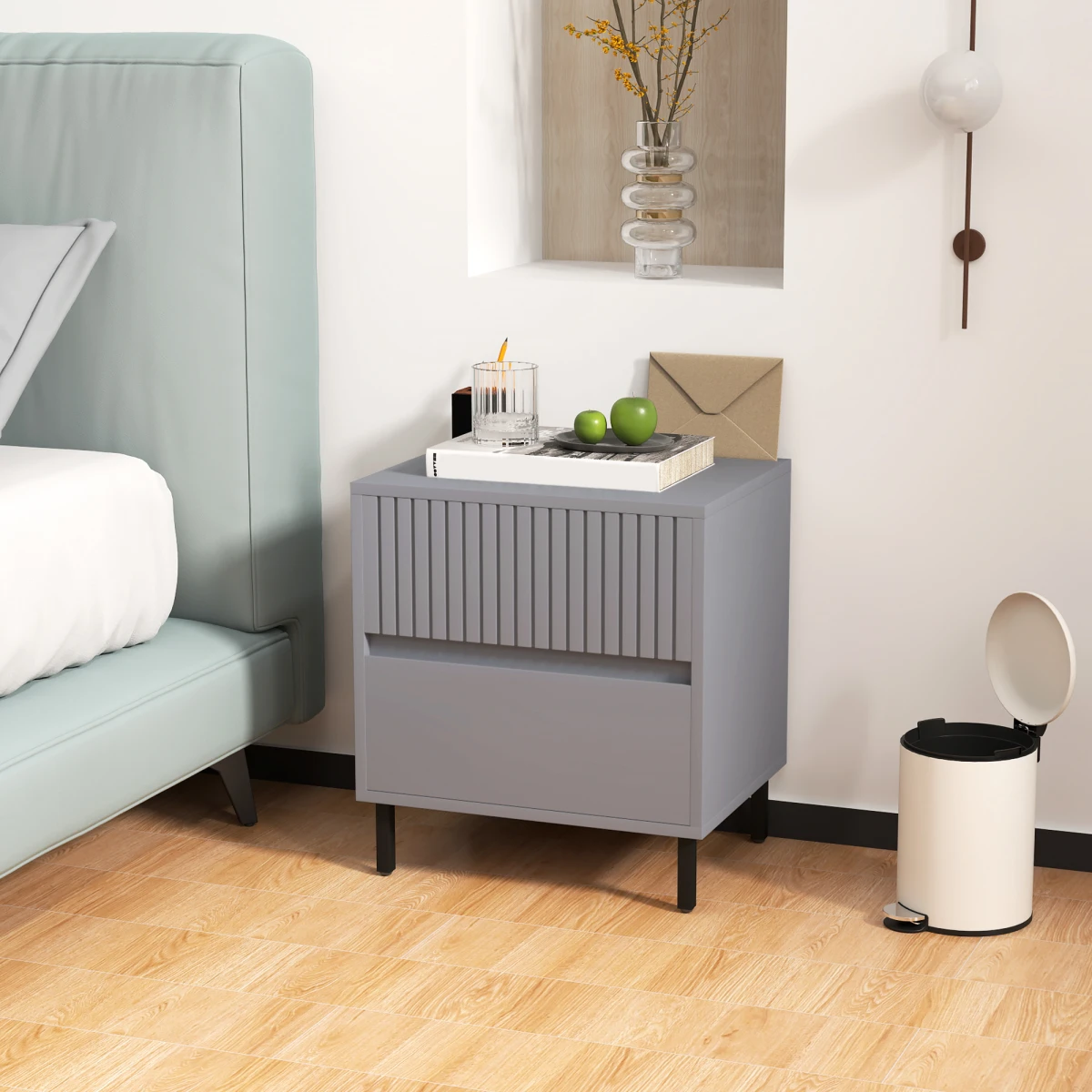 HOMCOM Bedside Table 2-Drawers Steel Legs Bedroom - Bedside Table