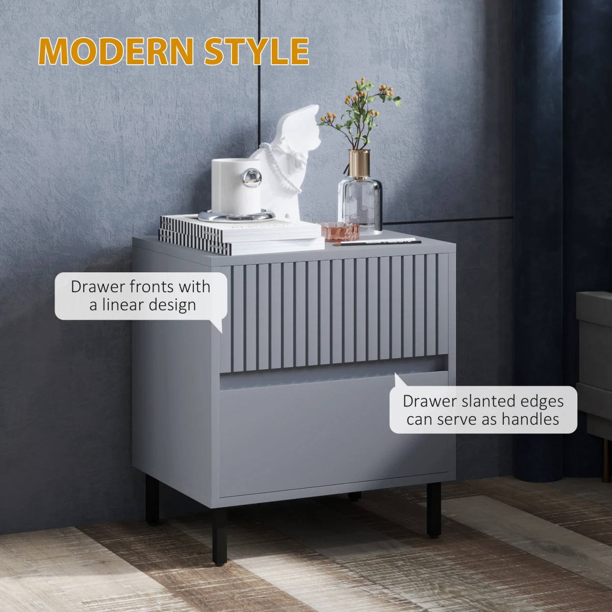 HOMCOM Bedside Table 2-Drawers Steel Legs Bedroom - Bedside Table