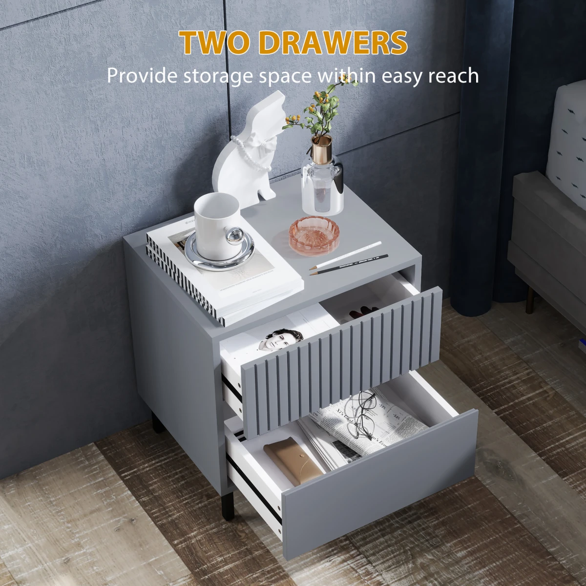 HOMCOM Bedside Table 2-Drawers Steel Legs Bedroom - Bedside Table