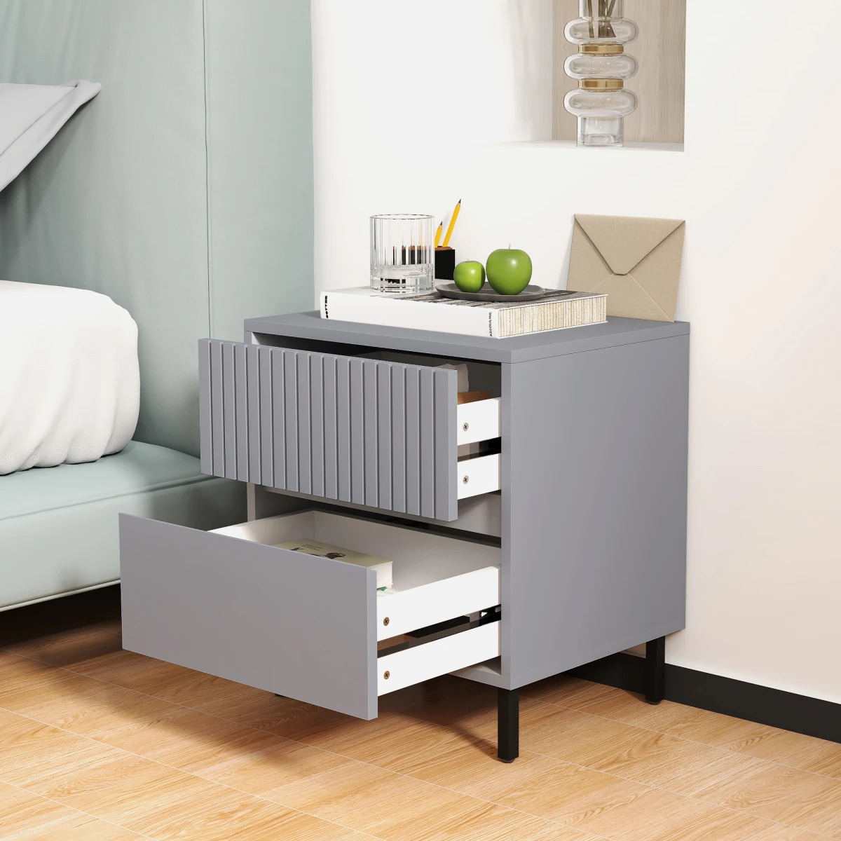 HOMCOM Bedside Table 2-Drawers Steel Legs Bedroom - Bedside Table