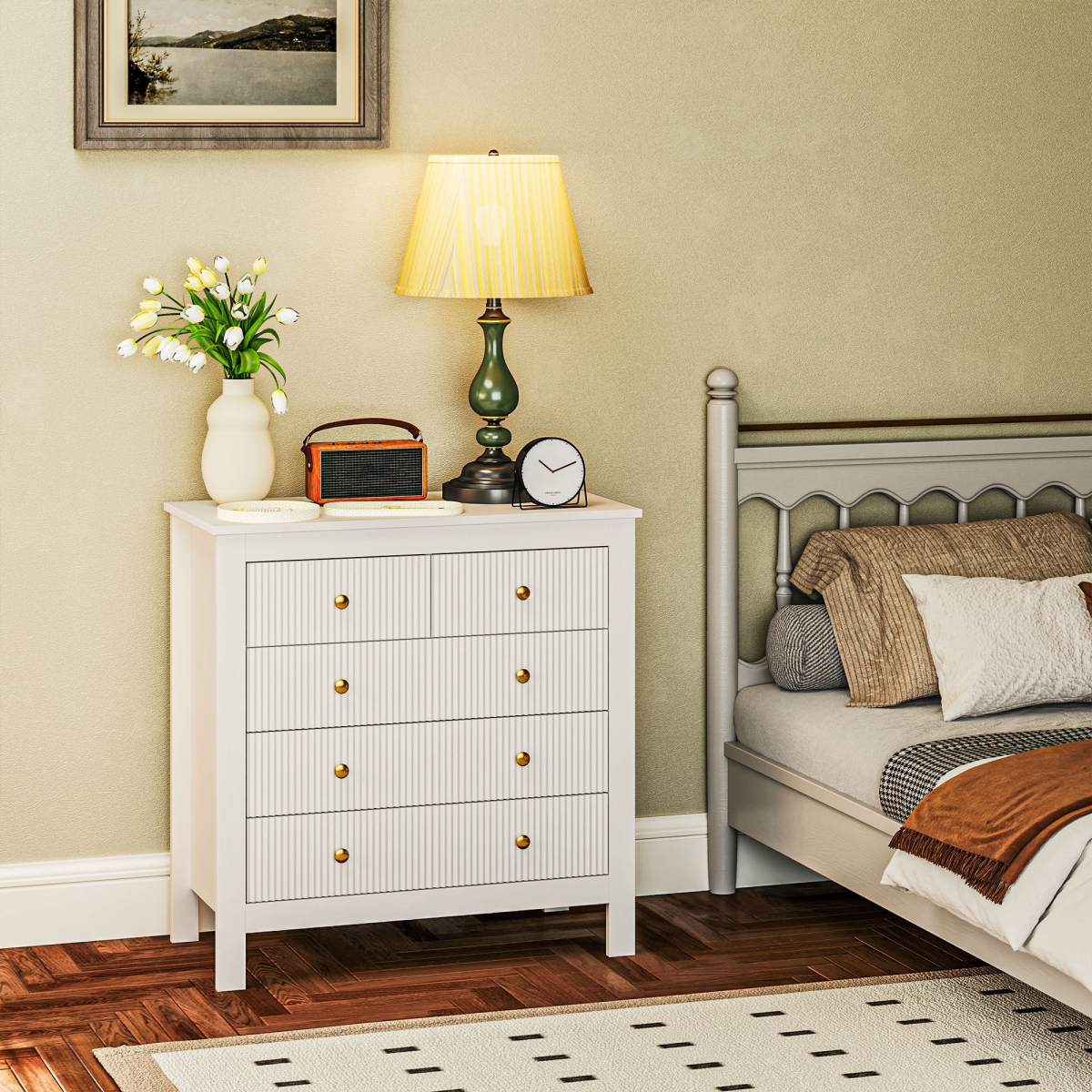 HOMCOM HOMCOM Fluted 5 Drawer Chest Dresser With Gold Tone Handles Anti Tip Design For Bedroom Organization - Chest of Drawers
