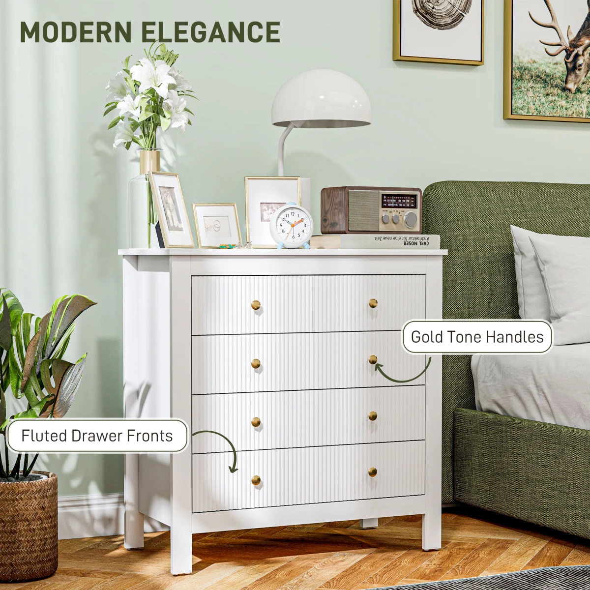 HOMCOM HOMCOM Fluted 5 Drawer Chest Dresser With Gold Tone Handles Anti Tip Design For Bedroom Organization - Chest of Drawers