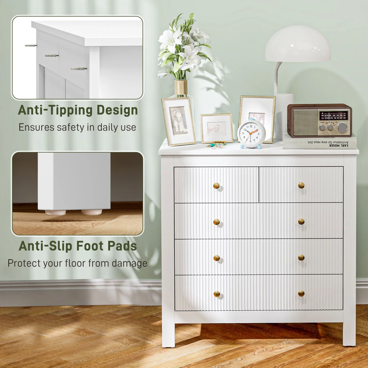 HOMCOM HOMCOM Fluted 5 Drawer Chest Dresser With Gold Tone Handles Anti Tip Design For Bedroom Organization - Chest of Drawers
