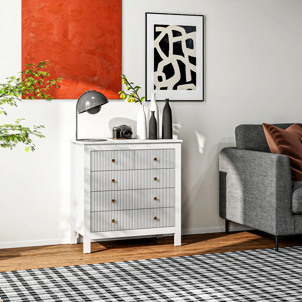 HOMCOM HOMCOM Fluted 5 Drawer Chest Dresser With Gold Tone Handles Anti Tip Design For Bedroom Organization - Chest of Drawers