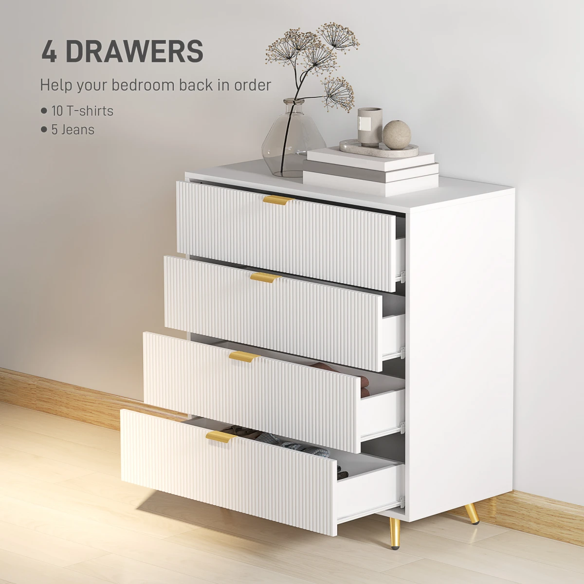 HOMCOM HOMCOM Chest Of Drawers 4-Drawer Standard Size Anti-Tipping Straps Gold Handles Bedroom Storage - Chest of Drawers