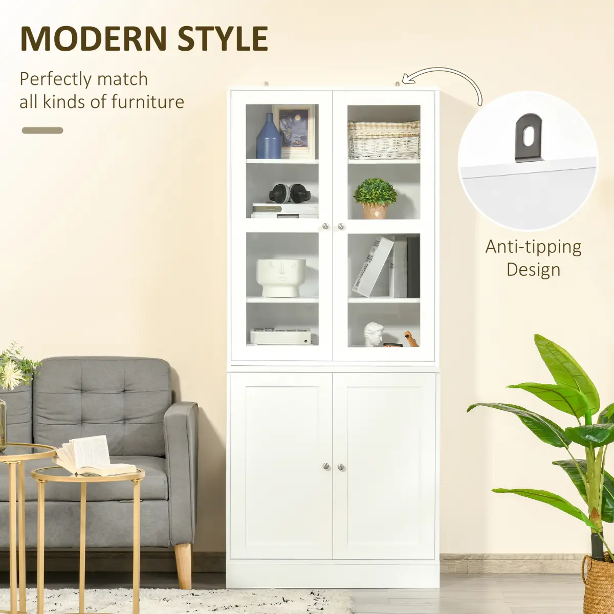 HOMCOM HOMCOM Modern Bookcase Display Storage Cabinet w/ Doors Adjustable Shelves - Display Cabinet