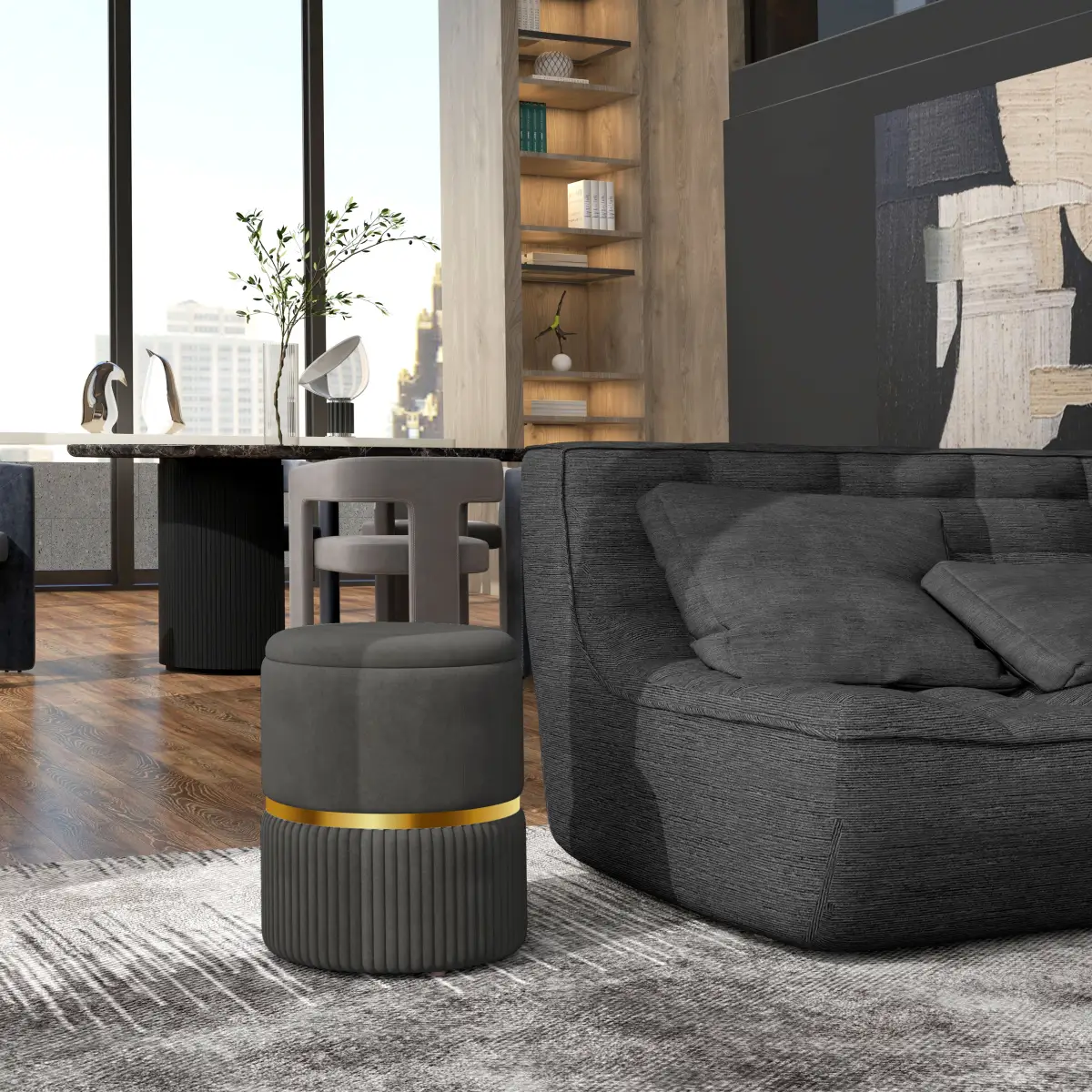 HOMCOM HOMCOM Round Pouffe, Storage Footstool with Cushioned Top - Footstool