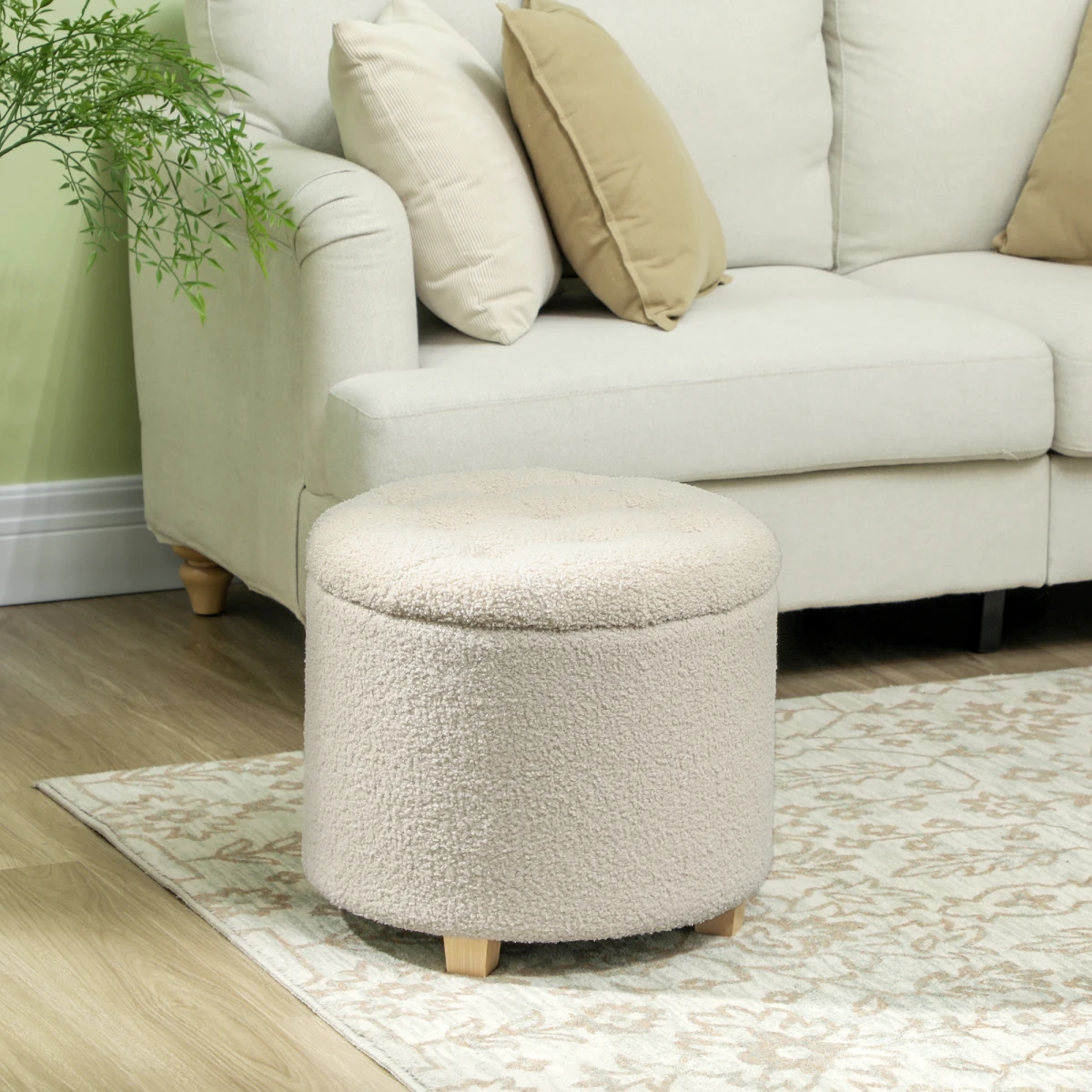 HOMCOM HOMCOM 45cm Round Storage Ottoman with Cashmere Fabric, Button-Tufted Lid, Pine Wood Legs for Multipurpose Home Use - Footstool