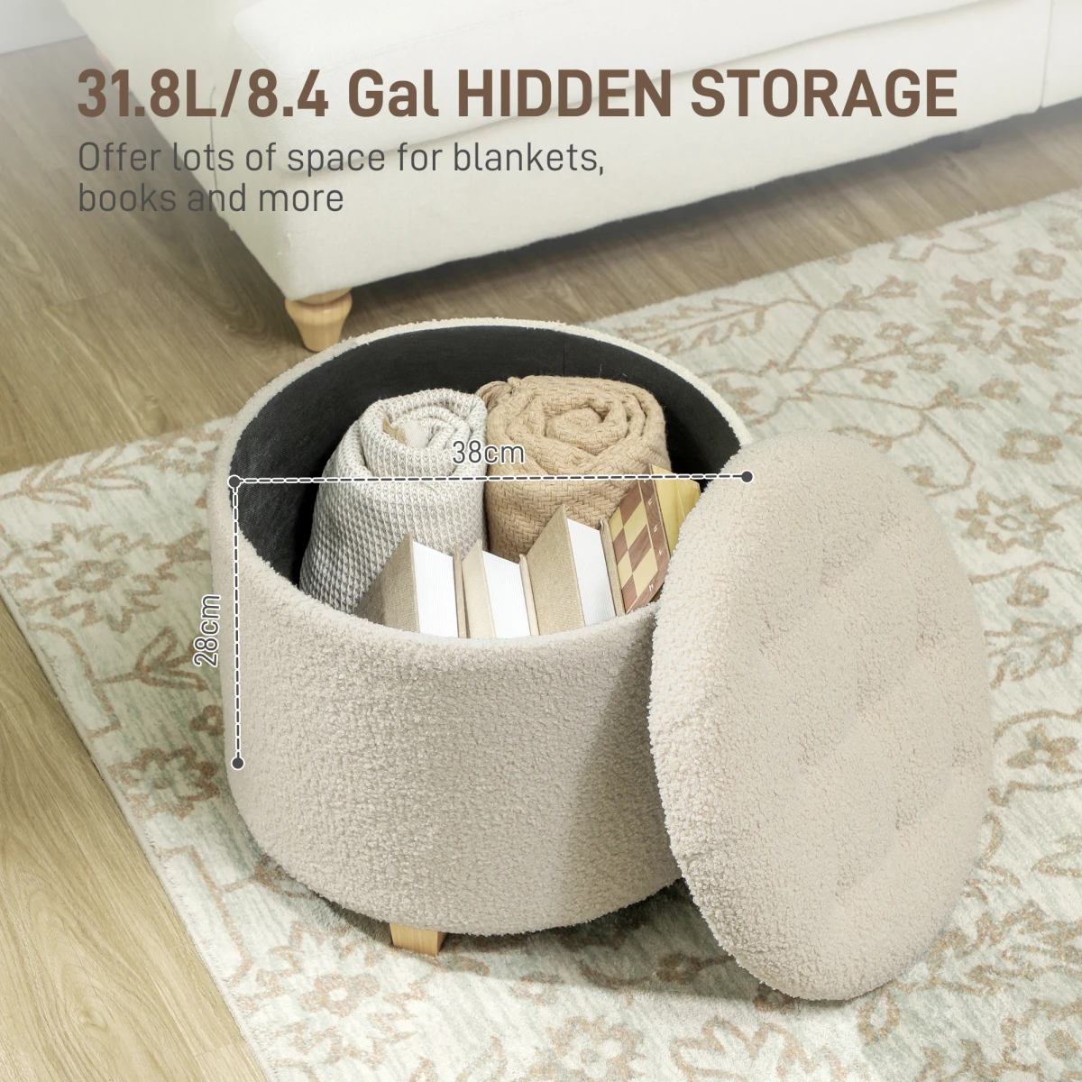 HOMCOM HOMCOM 45cm Round Storage Ottoman with Cashmere Fabric, Button-Tufted Lid, Pine Wood Legs for Multipurpose Home Use - Footstool