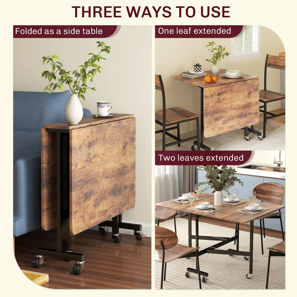 HOMCOM Drop Leaf Table 26cm Folded Six Wheels Small Spaces - Dining Table