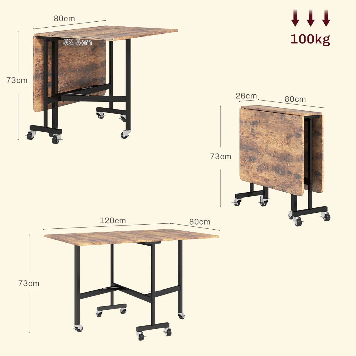 HOMCOM Drop Leaf Table 26cm Folded Six Wheels Small Spaces - Dining Table