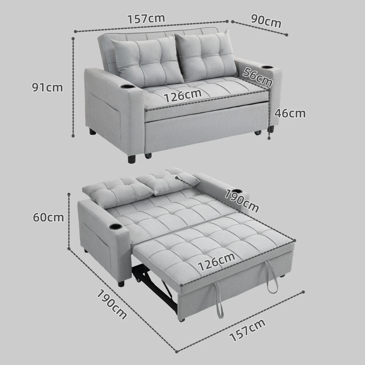 HOMCOM HOMCOM Two Seater Sofa Bed With Pockets For Living Room - Sofa Bed