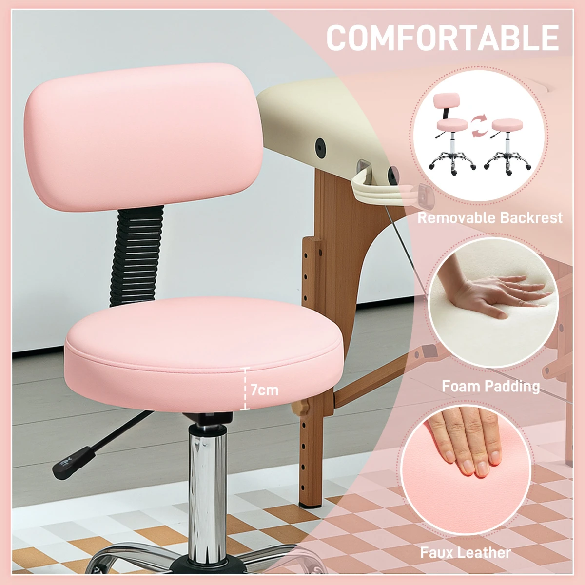 HOMCOM HOMCOM Rolling Stool 78-93cm Backrest Salon - Office Chair
