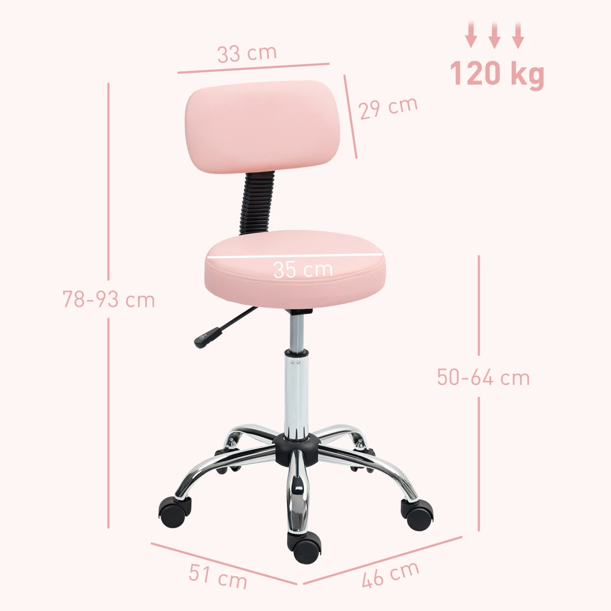 HOMCOM HOMCOM Rolling Stool 78-93cm Backrest Salon - Office Chair