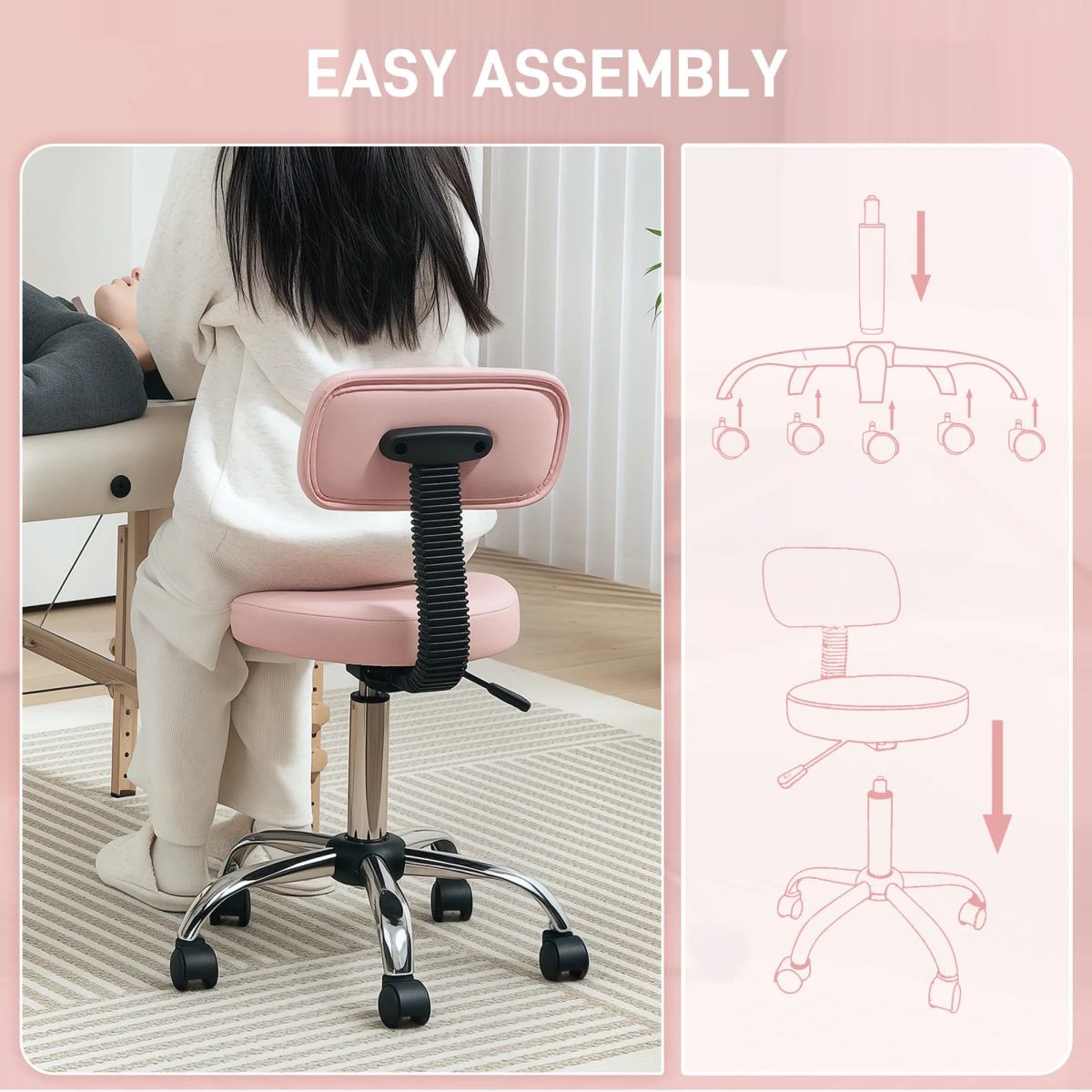 HOMCOM Rolling Stool 78-93cm Backrest Salon by HOMCOM