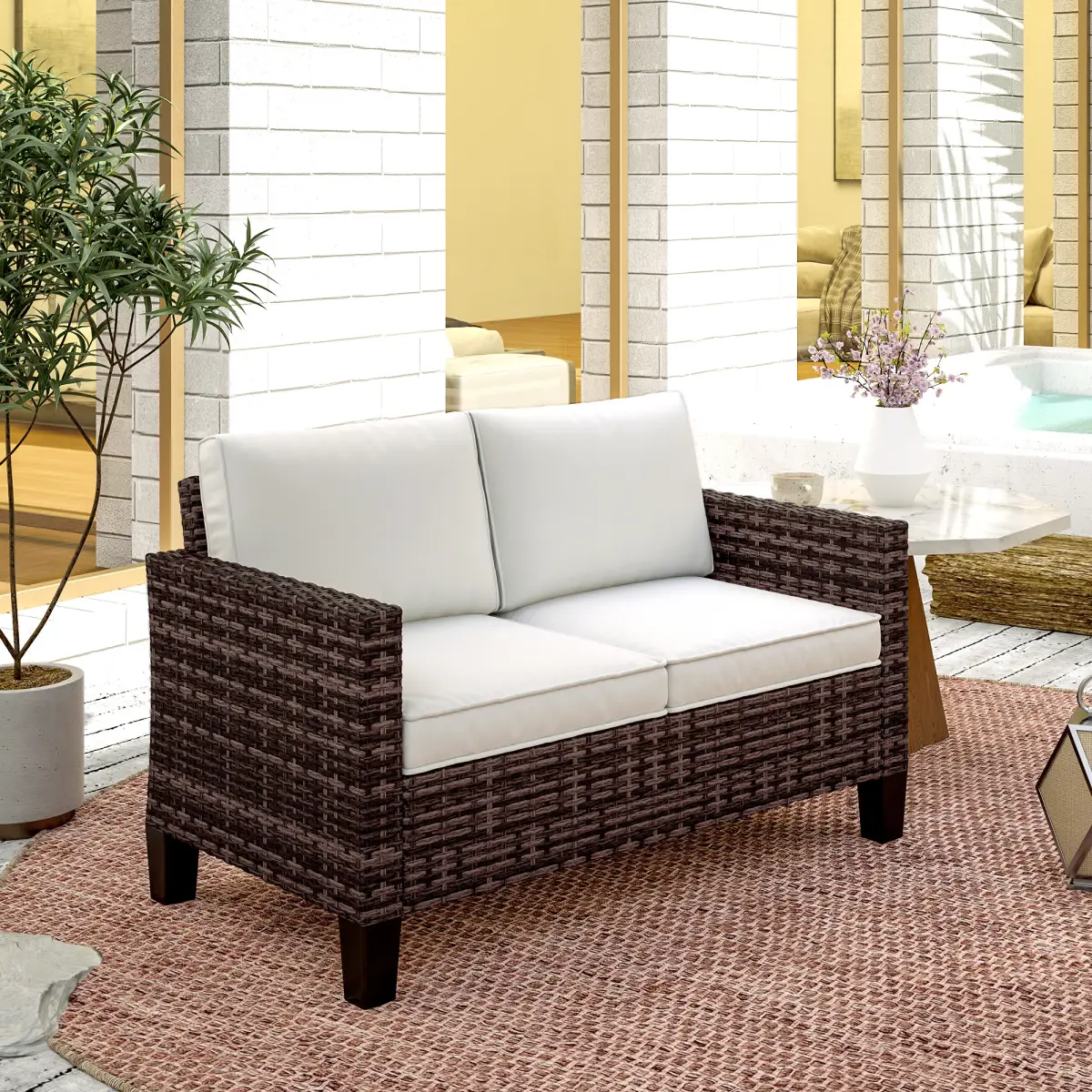 Outsunny Outsunny Rattan Sofa with Cushions, 2 Seater Garden Furniture - Garden Sofa Sets