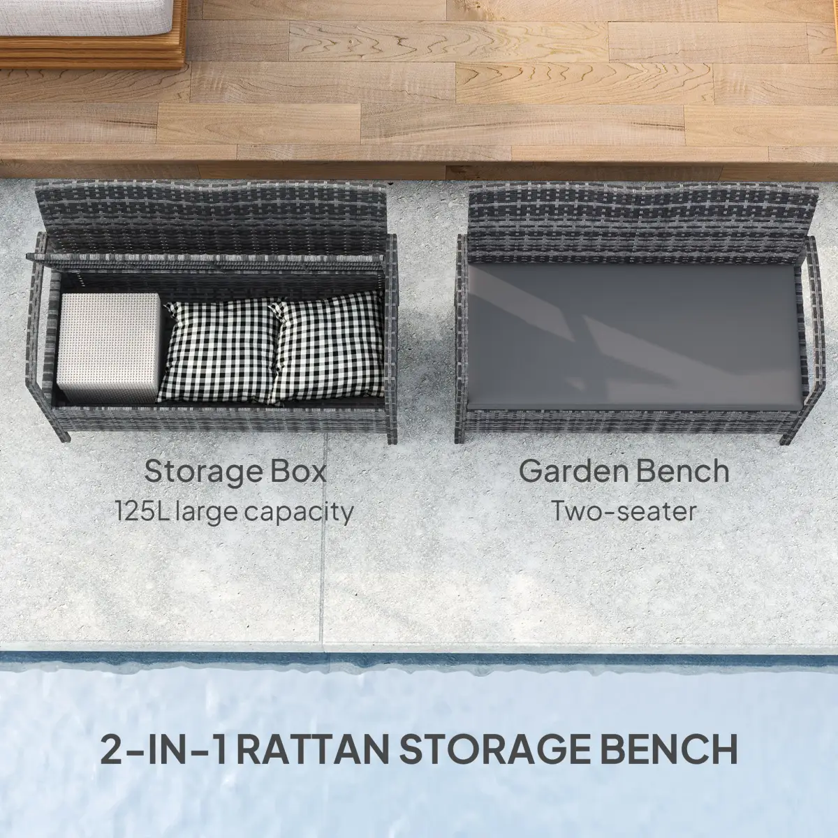 Outsunny Outsunny Rattan Garden Bench w/ 125L Storage, Cushioned Outdoor Bench - Garden Chairs