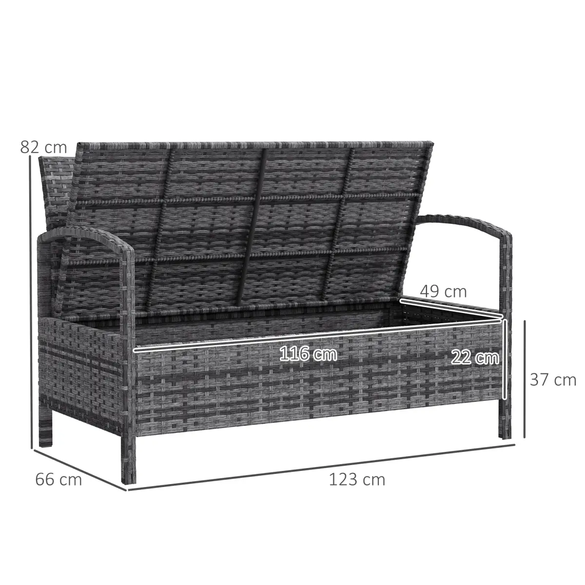 Outsunny Outsunny Rattan Garden Bench w/ 125L Storage, Cushioned Outdoor Bench - Garden Chairs