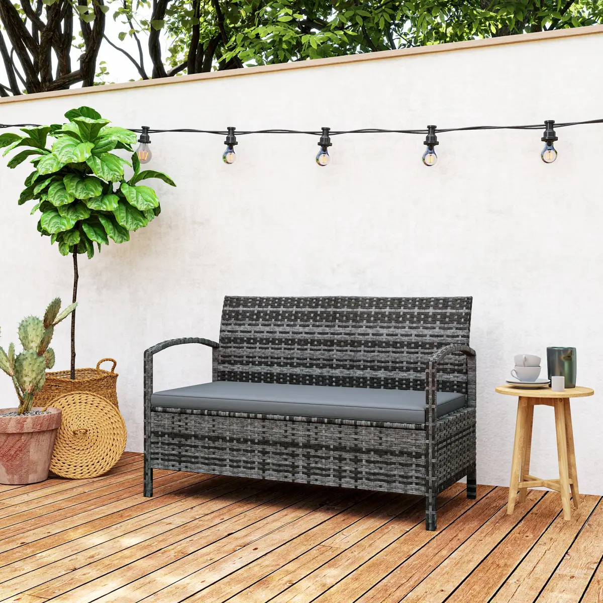 Outsunny Outsunny Rattan Garden Bench w/ 125L Storage, Cushioned Outdoor Bench - Garden Chairs