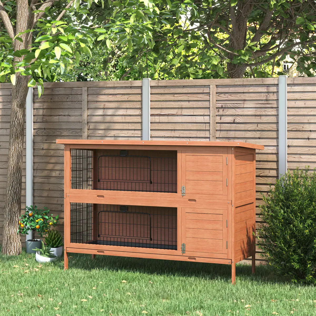 PawHut Rabbit Hutch for Two Rabbits Outdoor Guinea Pig Cage w/ Removable Trays - Rabbit Hutch