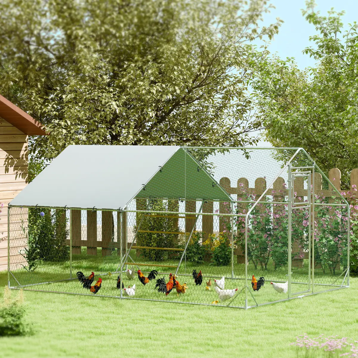 PawHut PawHut Walk in Chicken Run w/ Cover, Hanging Feeder, Perch, for 6-8 Chickens - Chicken Coop