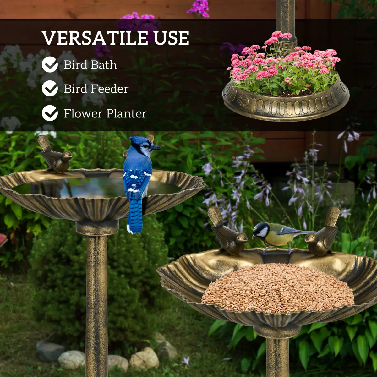 Outsunny Elegant Two-Basin Bird Bath & Feeder with Antique Finish - Bird Feeder