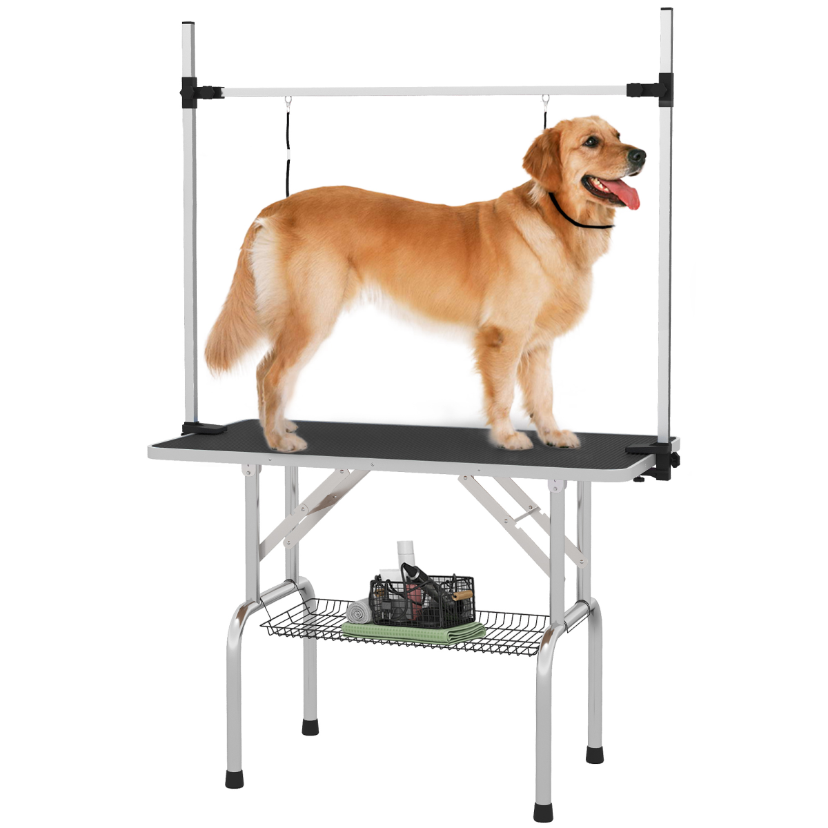 PawHut Metal Adjustable Dog Grooming Table Rubber Top 2 Safety Slings Mesh - from PawHut