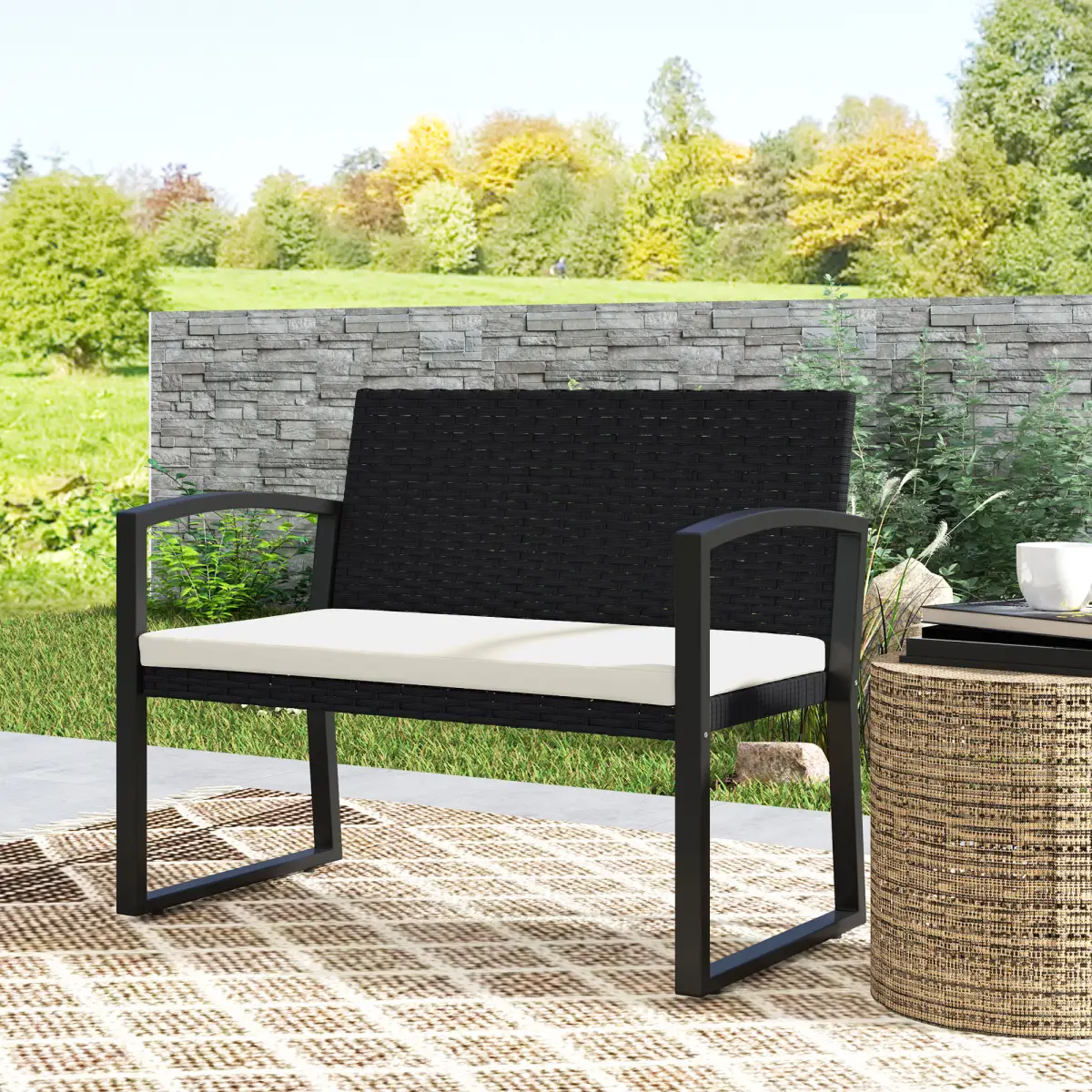 Outsunny Rattan Garden Bench with Cushioned Comfort for Relaxation & Style - Garden Chairs