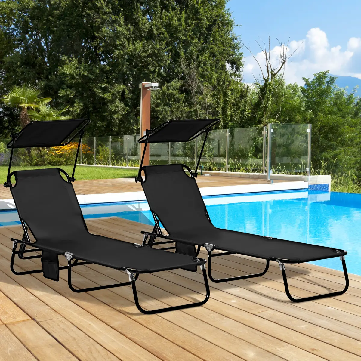 Outsunny Comfort Lounge Chairs - Adjustable Recline & Sunshade - Set of 2 - Sun Lounger