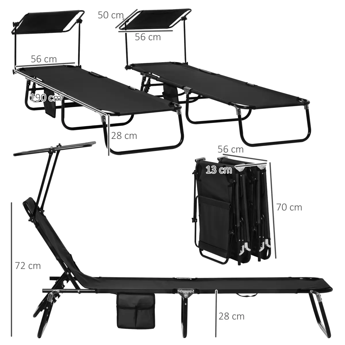 Outsunny Comfort Lounge Chairs - Adjustable Recline & Sunshade - Set of 2 - Sun Lounger