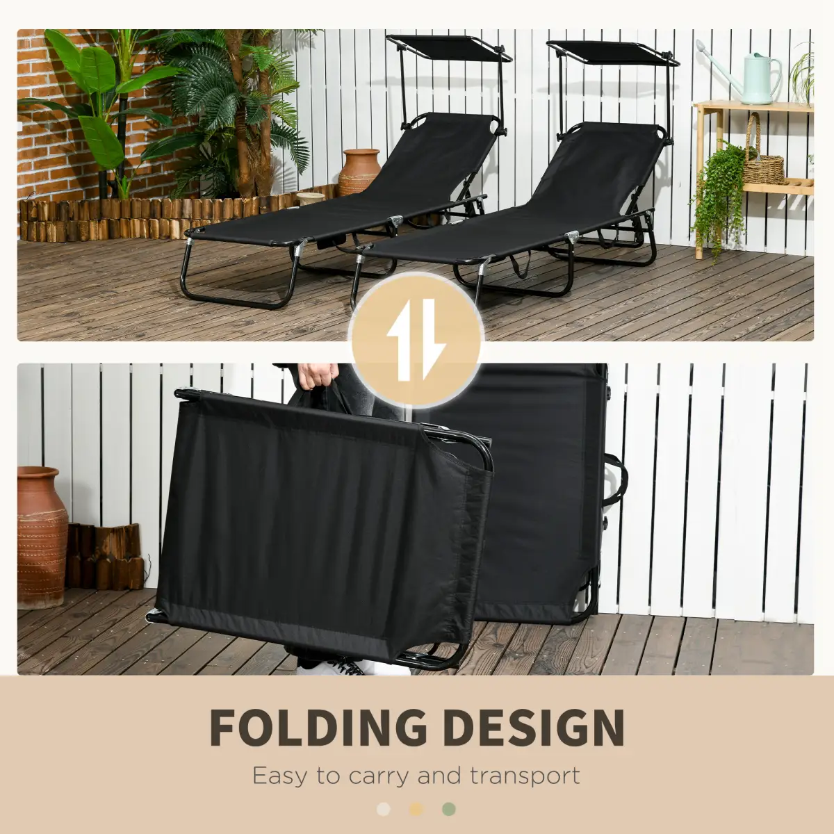Outsunny Comfort Lounge Chairs - Adjustable Recline & Sunshade - Set of 2 - Sun Lounger