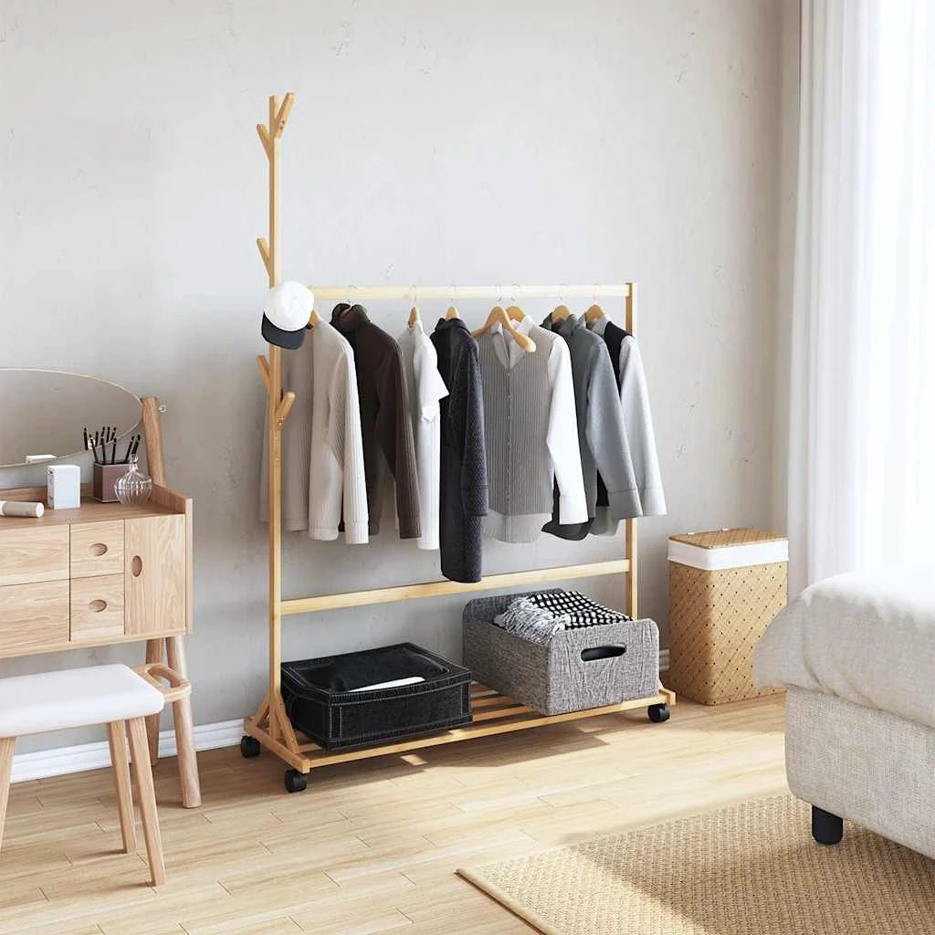vidaXL Clothes Rack 100x35x157 Cm Bamboo With Hooks And Wheels For Home Laundry Storage by vidaXL