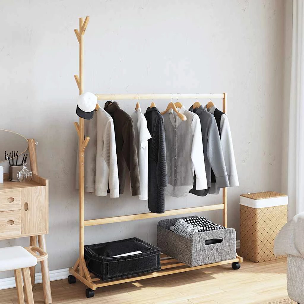 vidaXL Clothes Rack 100x35x157 Cm Bamboo With Hooks And Wheels For Home Laundry Storage by vidaXL