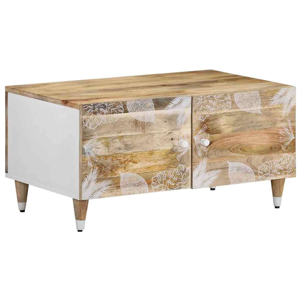 vidaXL VidaXL Coffee Table 80x50x40 cm Solid Mango Wood With White Leaf Pattern Cabinet - Coffee Table