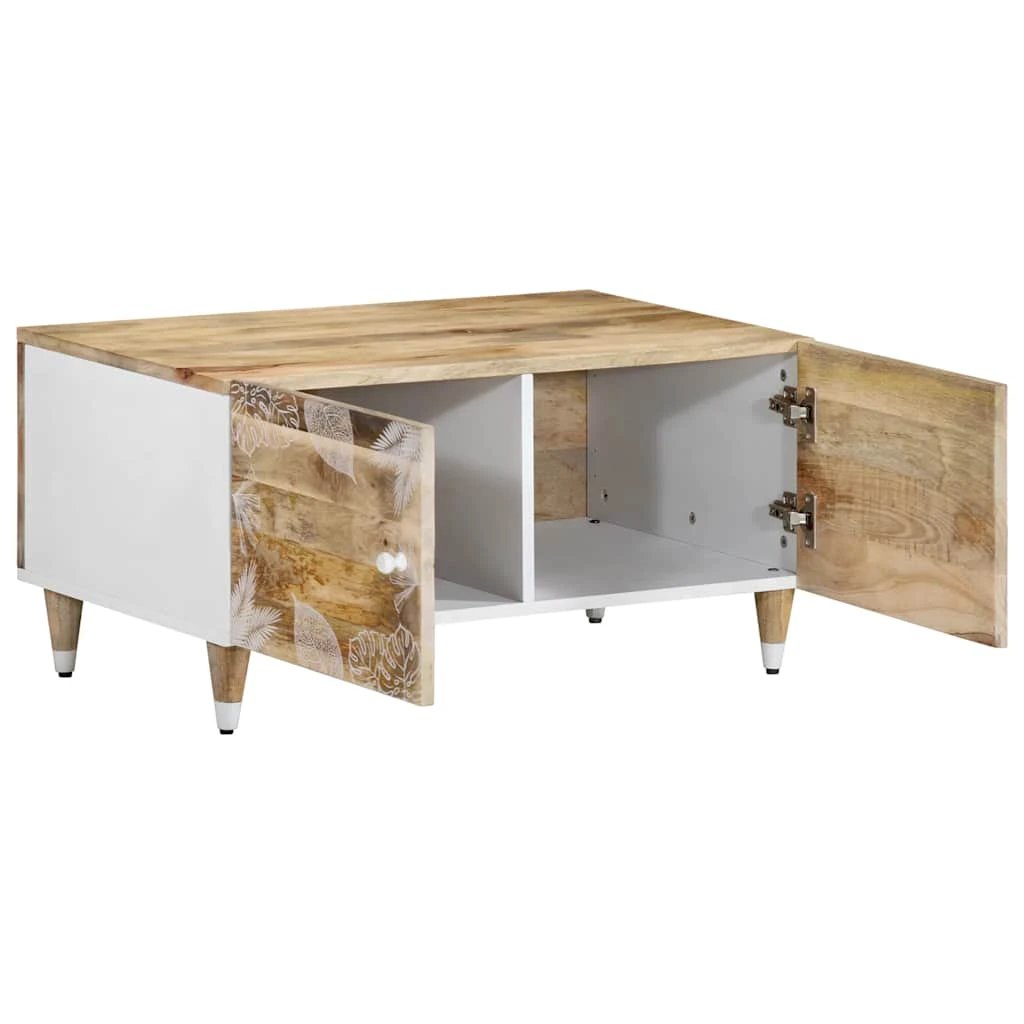 vidaXL VidaXL Coffee Table 80x50x40 cm Solid Mango Wood With White Leaf Pattern Cabinet - Coffee Table